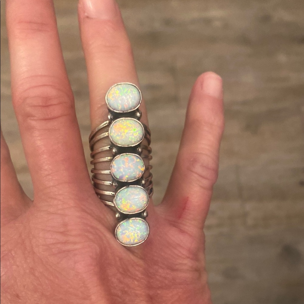 Elegant Opal Silver Ring Set
